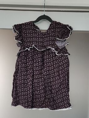 Girls' Plum Floral Ruffle Dress with Lace Trim
